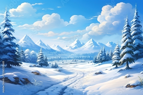 Charming Winter Background with Snow-Covered Trees and Icy Textures