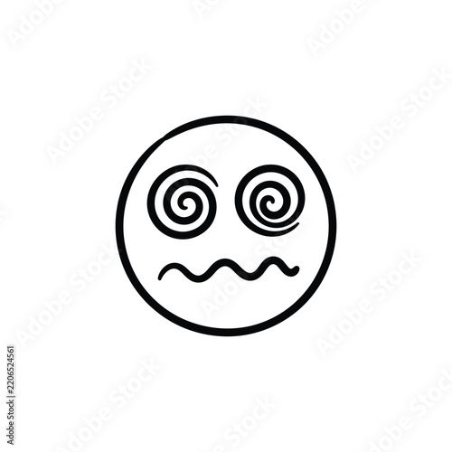 Black dizzy emoticon face. Spiral eyes and wavy mouth graphic element.