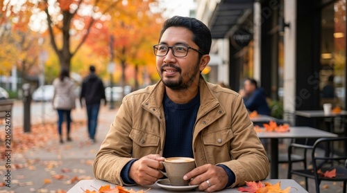 Asian man drinking coffee at an outdoor cafe during autumn with copy space