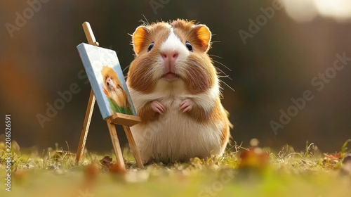 A cute, fluffy brown and white guinea pig stands beside a tiny easel holding a painted portrait on lush green grass