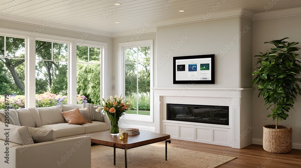 Obraz premium Modern living room with large beige sofa wooden coffee table and mounted smart display above fireplace