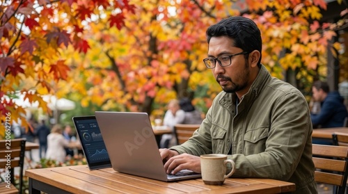 Southeast-asian man working on laptop at outdoor cafe during autumn season with copy space
