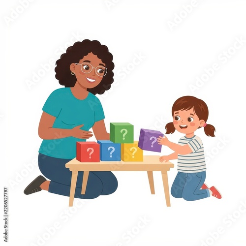 Teacher and child playing with building blocks