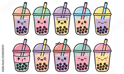 A collection of ten cute colorful bubble tea illustrations with happy faces and tapioca pearls presented in a fun hand drawn doodle style for design