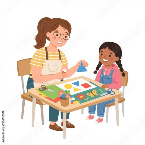 Teacher and student crafting shapes together