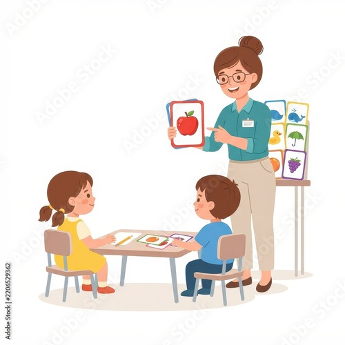 Teacher showing flashcard to children in kindergarten classroom