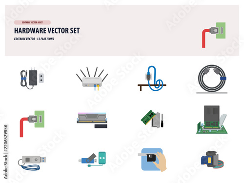Computer Hardware Vector Icons Set Technology Digital Devices.