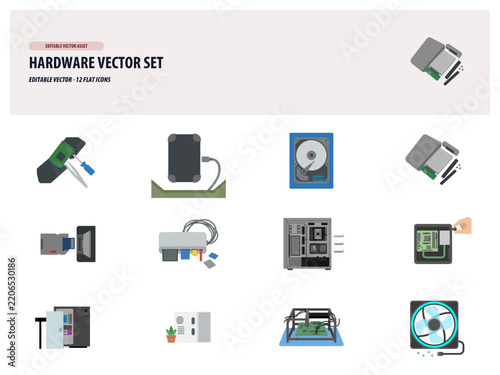 Computer Hardware Components Vector Icons Set.