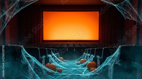 Pumpkins and spider webs inside an empty movie theater with a glowing orange blank cinema screen with decorate floor