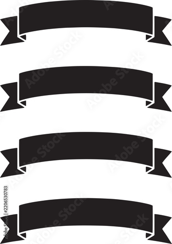 Black Silhouette Curved Ribbon Banner Vector Set, Retro Blank Arched Scroll Label Template Collection for Logo Design and Titles