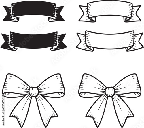 Vintage Ribbon Banner and Ribbon Bow Vector Set, Retro Engraved Scroll Label and Gift Bow Element Collection for Logos and Design
