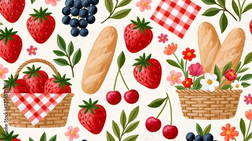Summer picnic food and flowers seamless pattern