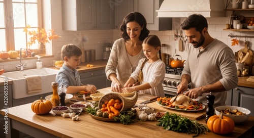 Happy family with children preparing a healthy autumn meal together in a bright and cozy home kitchen during Thanksgiving holiday