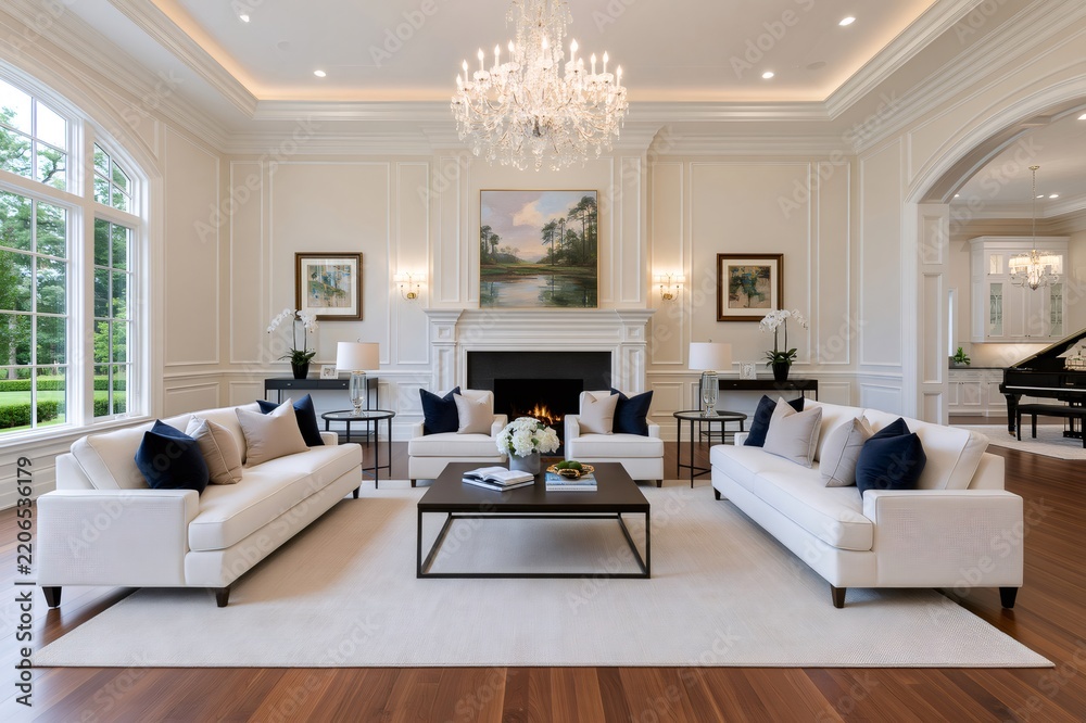 Obraz premium Luxurious living room with elegant fireplace and comfortable sofas