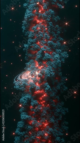 Vertical video of a cosmic scene with glowing stars and colorful nebula clouds