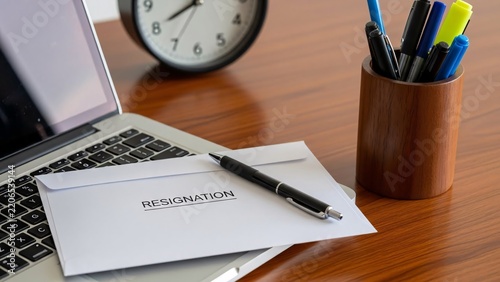 Resignation letter on laptop keyboard with pen