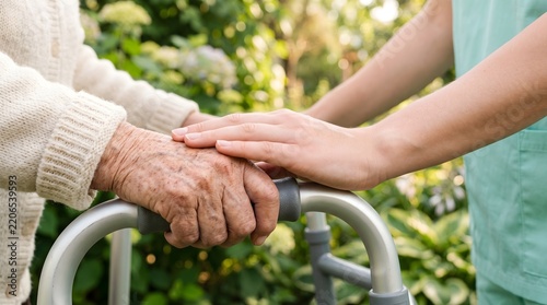 Close-up of a young caregiver's hand supporting an elderly woman's hand on a walker in a sunny garden for geriatric healthcare and compassionate elderly care services.
