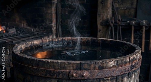 Close-up photograph of an old wooden quench tank in a blacksmith workshop shortly after use, the dark water surface calm again with only a thin wisp of steam still rising and curling in the cool air.