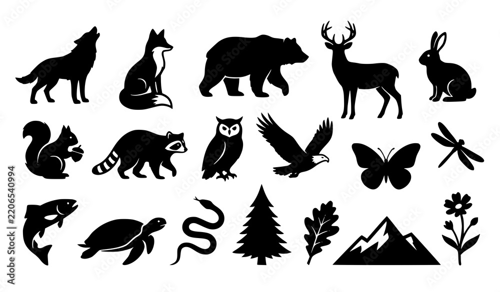 Fototapeta premium Black Wildlife and Nature Silhouette Icons Collection, Animal Vector Set