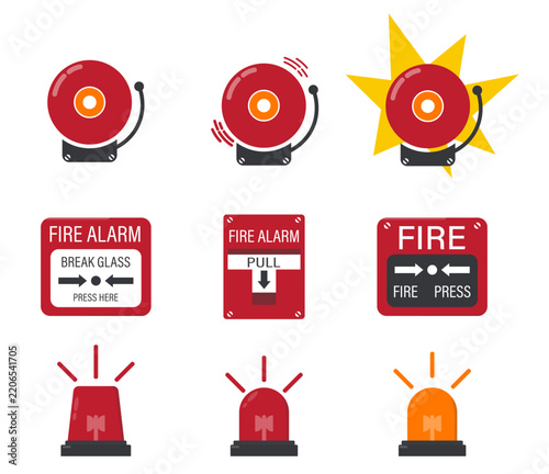 Bundle isolated pictogram icon fire alarm bell pull station emergency siren beacon set