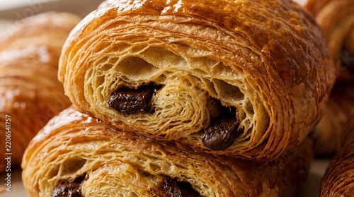 Freshly baked pain au chocolat with golden buttery flaky layers and melted dark chocolate filling shown in a macro view for bakery advertising and cafe menu marketing.