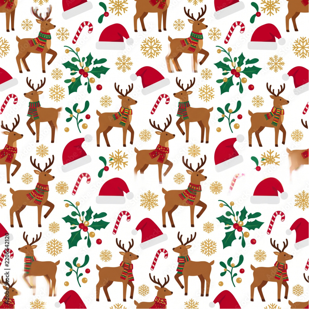 Obraz premium A cheerful and colorful seamless vector pattern featuring flat-design Christmas icons like reindeer, Santa hats, and candy canes. Ideal for wrapping paper, textiles, and backgrounds