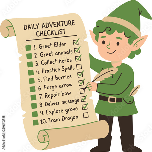 Little elf holds daily adventure checklist paper for magical forest tasks scenes.