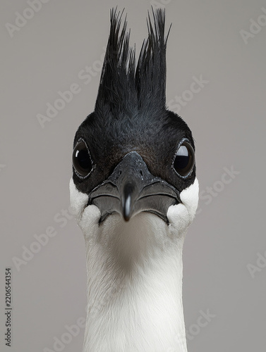 Close-up of a striking bird with a tall black spiky crest, large dark eyes, and contrasting white feathers, facing viewer