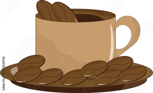 Aromatic Coffee Mug with Roasted Brown Coffee Beans on a Matching Saucer Illustration