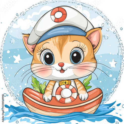 Cute cartoon ginger cat in a sailor hat, holding a lifebuoy in a boat on wavy blue water with stars and bubbles