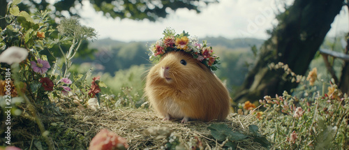 Cute guinea pig in a vibrant floral crown, resting on hay amidst garden flowers with a soft, green natural background