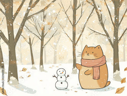 Cute orange cat in a scarf stands with a snowman in a snowy winter forest, featuring bare trees and scattered autumn leaves