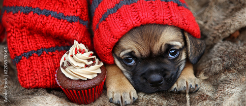 Cute puppy with big eyes in a red striped hat, next to a frosted chocolate cupcake on a cozy surface