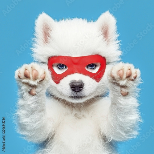 Cute white fluffy puppy wearing a red eye mask, bright blue eyes, raising paws against a vibrant blue backdrop