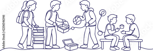 School Children with Backpacks Books Lunch Box and Basketball Line Illustration of Kids at School