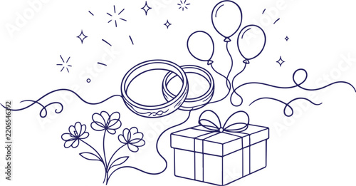 Wedding Rings with Gift Box Balloons Flowers and Sparkles Celebration Line Illustration