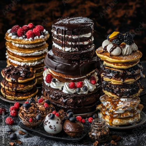 Decadent dessert spread featuring towering stacks of chocolate cakes and pancakes, adorned with berries, cream, and rich sauces