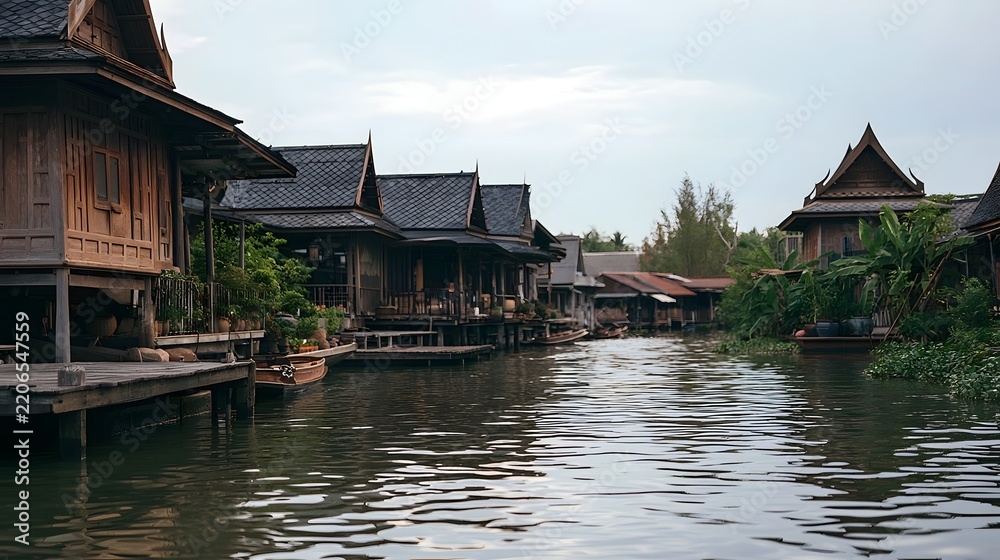 Fototapeta premium Traditional wooden stilt houses line a calm waterway with lush greenery and boats docked along the edge