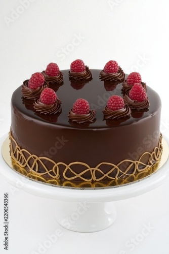 A rich chocolate cake decorated with chocolate swirls and fresh raspberries sits on a white cake stand. AI.