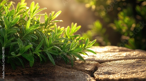 Green leafy branches rest on weathered stone tiles bathed in warm sunlight, with a soft focus background of foliage. AI.