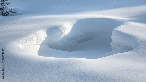 A deep depression carved into a snow-covered landscape with soft shadows highlighting the textured drifts. AI.