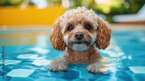 A wet, fluffy dog with brown wavy fur swims in a blue pool with sunlight reflecting on the water. AI.