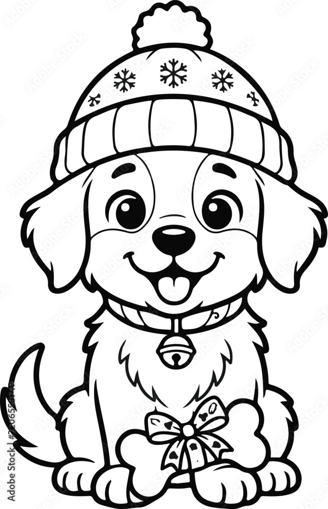 Obraz premium Adorable puppy wearing a winter hat and collar with a gift illustration