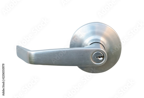 One silver door grip or handle with keyhole isolated on white background with clipping path