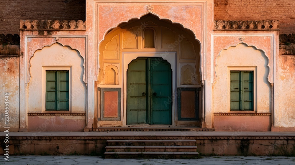 Fototapeta premium A symmetrical facade of an old Indian building with arched doorway and green wooden doors under warm sunlight