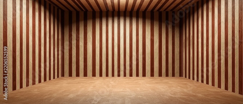 Empty room with textured brown and beige vertical striped walls and ceiling, featuring a plain light brown floor, lit from above