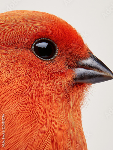 Extreme close-up of a vibrant orange bird's head, showcasing its glossy black eye, intricate textured feathers, and sharp dark beak