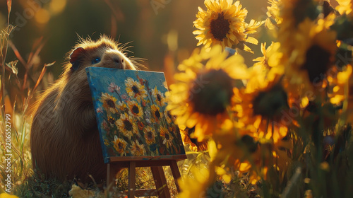 Fluffy artist paints vibrant sunflowers on a canvas, nestled in a golden field of real sunflowers during sunset