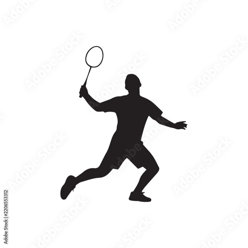 Black silhouette of a male badminton player jumping and hitting the shuttlecock with his racket.