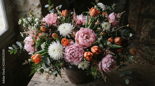 Spring floral arrangement with peonies and tulips in a rustic vase